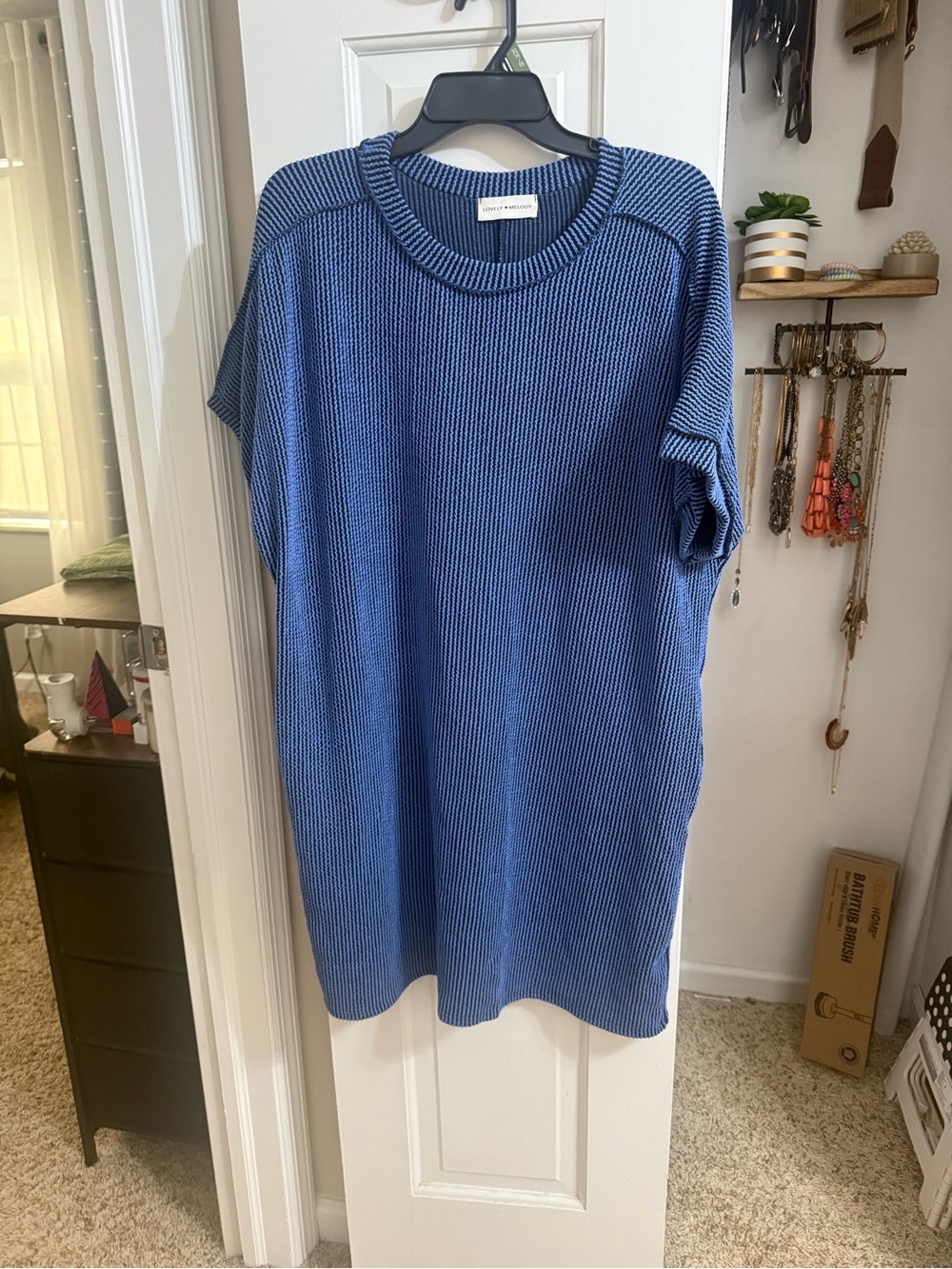 Blue Ribbed Knit Shift Dress